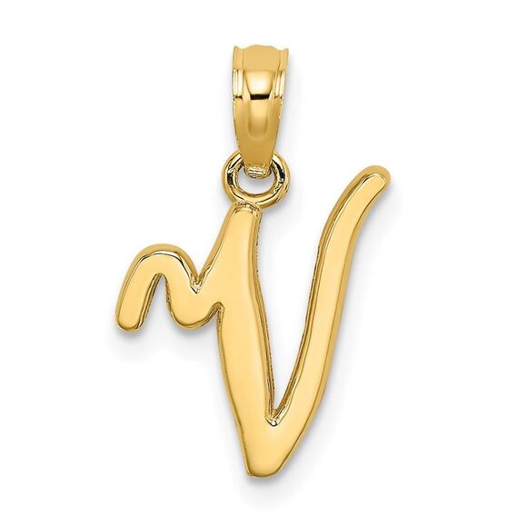 14K Yellow Gold Script Letter V Initial Pendant